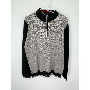 Patrick James Mens 1/4 Zip‎ Sweater Pullover L Black White Chevron Merino Wool